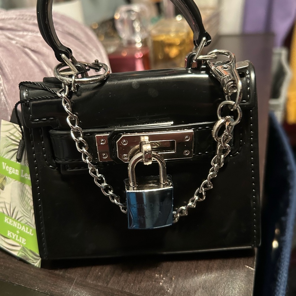 Kendall & Kylie Black Mini Bag with Silver Chain and Lock
